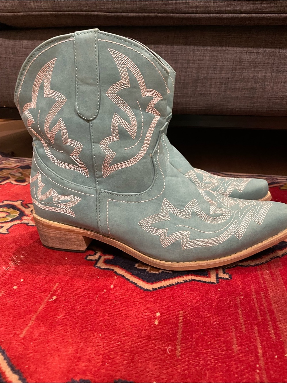 Source Unknown Teal Western Ankle Boots with White Stitching